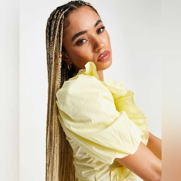 NWT Missguided Ruffle Wrap Poplin Puff Sleeve Plunging V-Neck Dress Lemon Yellow - Picture 5 of 11